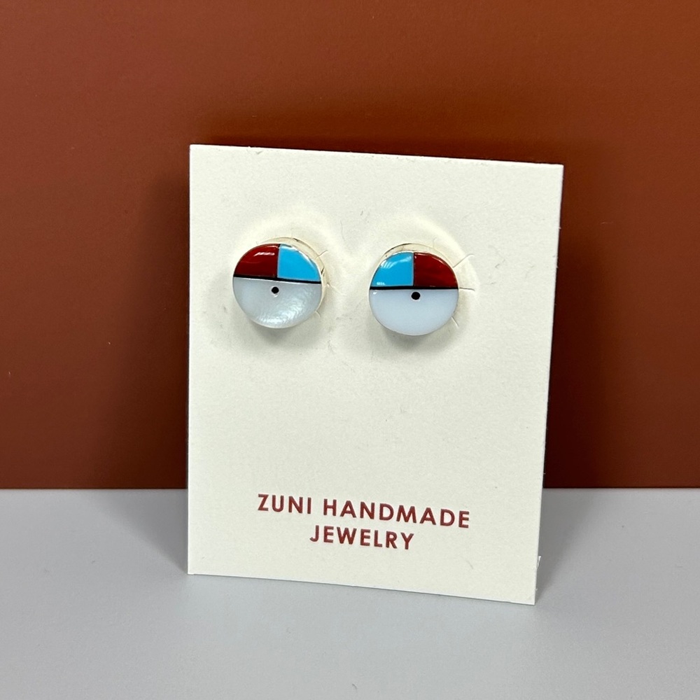Zuni Sunface Inlay with Mother of Pearl, Coral, and Turquoise Post Earrings